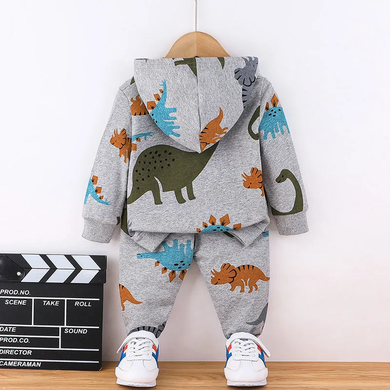 Toddler Kids Boys Solid Color Cartoon Dinosaur Long-sleeved Hooded Sweatshirt and Long Pants Set