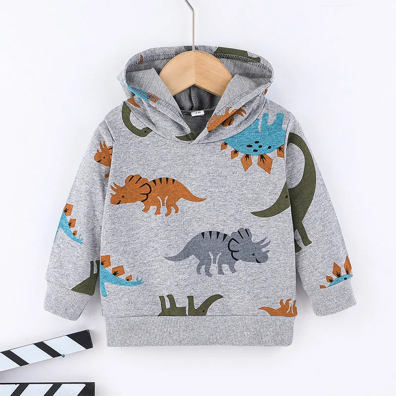 Toddler Kids Boys Solid Color Cartoon Dinosaur Long-sleeved Hooded Sweatshirt and Long Pants Set