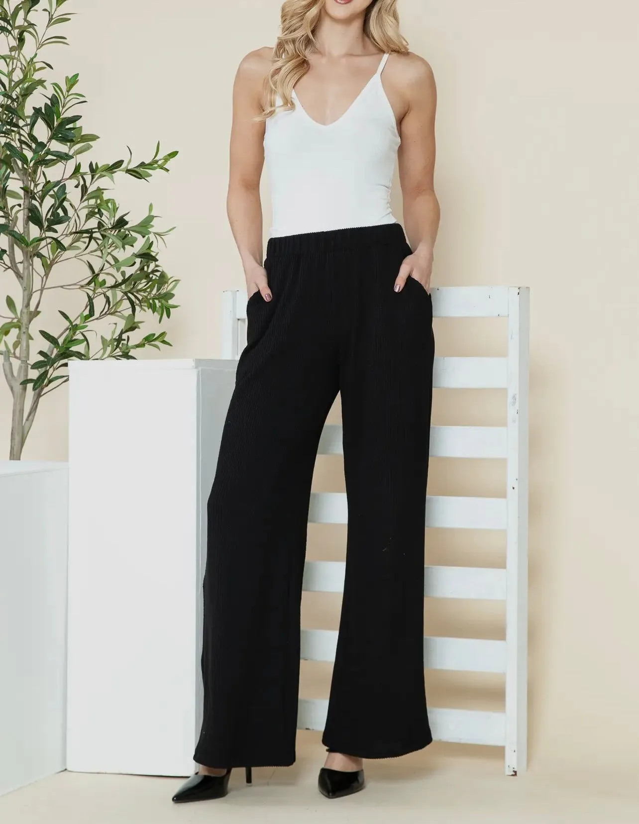 Viv Ribbed Black Wide Leg Pant